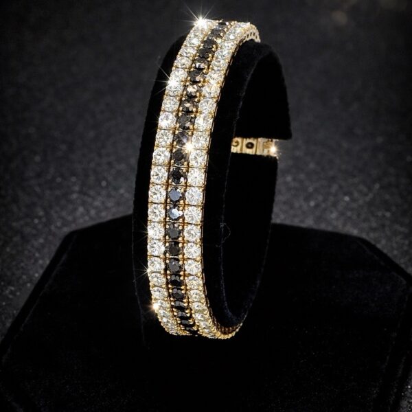 Luxury 3-Row Black & White Diamond Tennis Bracelet 925S 24K Gold